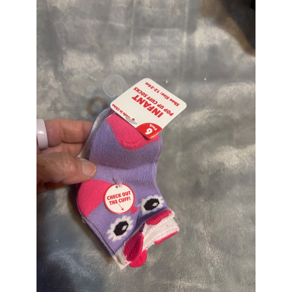 Infant Girls 6 Pack Pop Up Cuff Socks Purple Pink Character Shoe Size 12-24M NWT